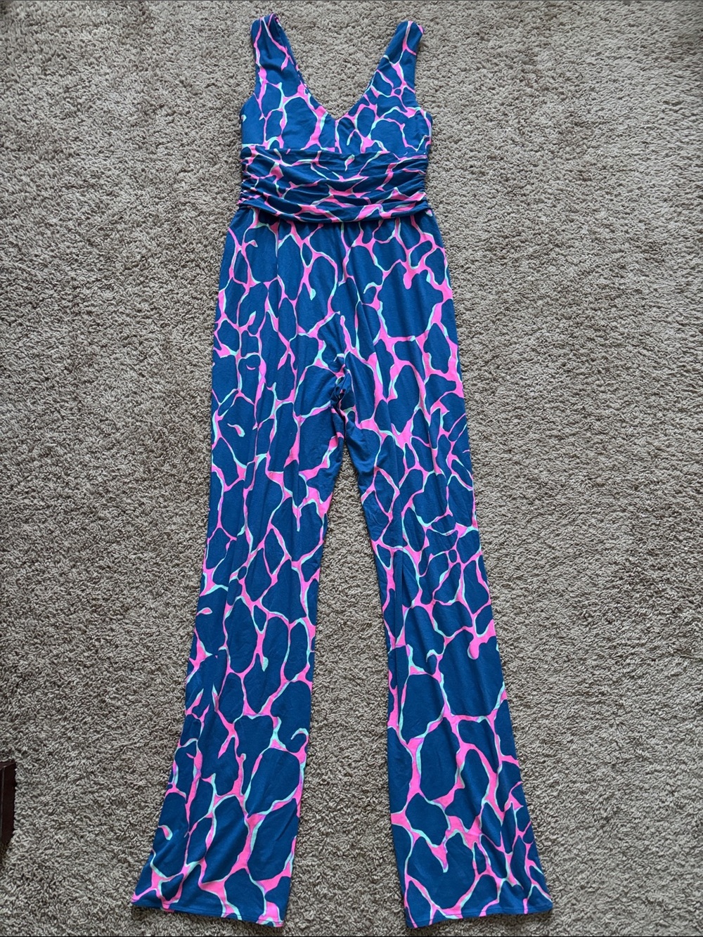 Lilly Pulitzer Navy and Pink Patterned Sleeveless V-Neck Jumpsuit